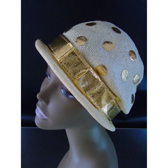 Bucket Hat Jami Exclusive Flapper Hat Mod Gold Polka Dot 1960 Union Label - Picture 1 of 10